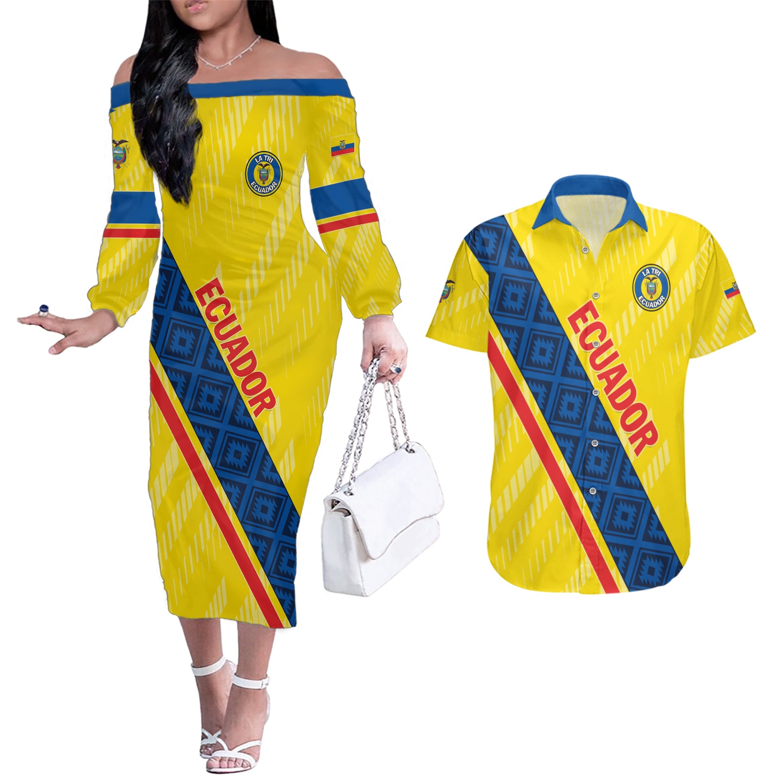 Personalized Ecuador 2024 Football Couples Matching Off The Shoulder Long Sleeve Dress and Hawaiian Shirt Come On La Tri - Wonder Print Shop