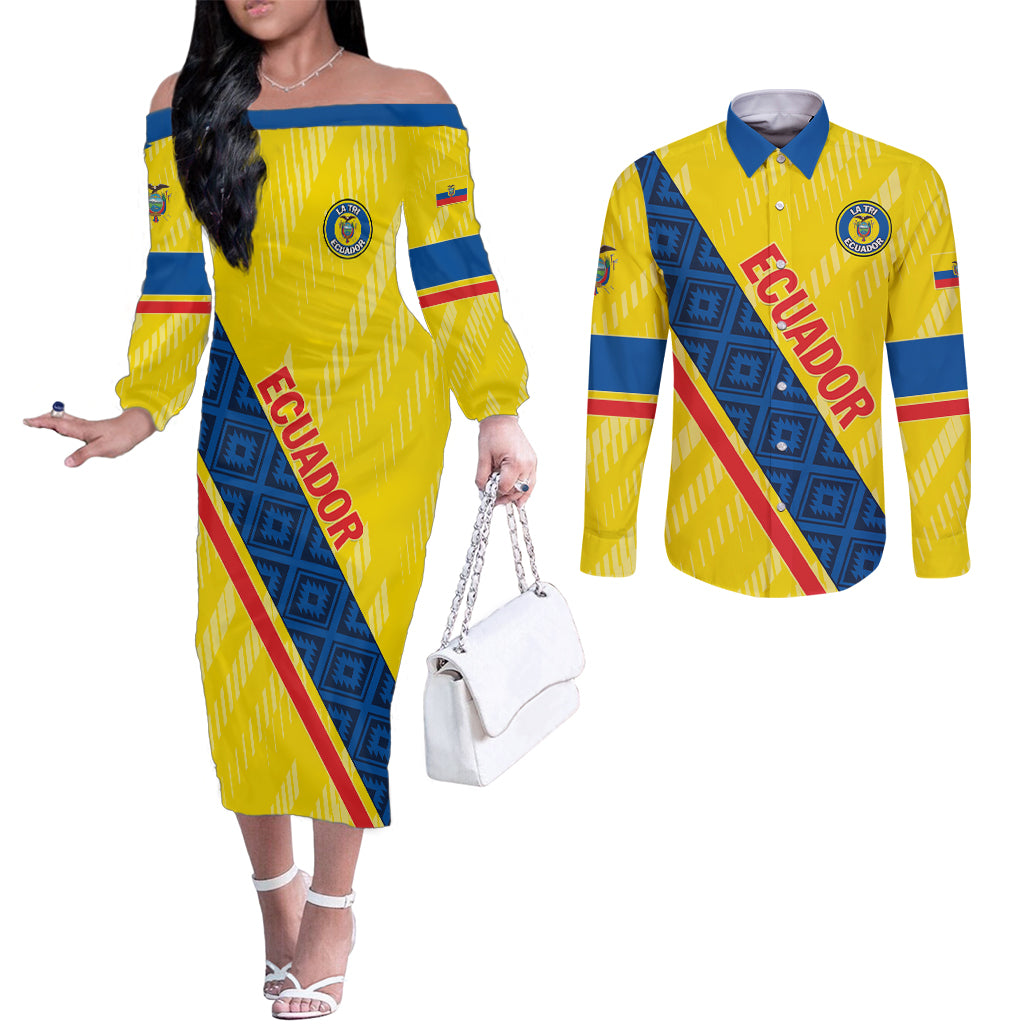 Personalized Ecuador 2024 Football Couples Matching Off The Shoulder Long Sleeve Dress and Long Sleeve Button Shirt Come On La Tri