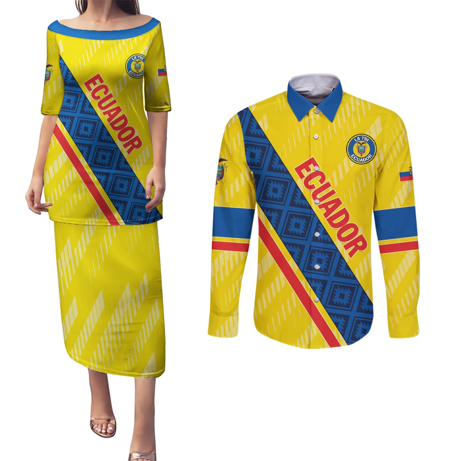 Personalized Ecuador 2024 Football Couples Matching Puletasi and Long Sleeve Button Shirt Come On La Tri - Wonder Print Shop