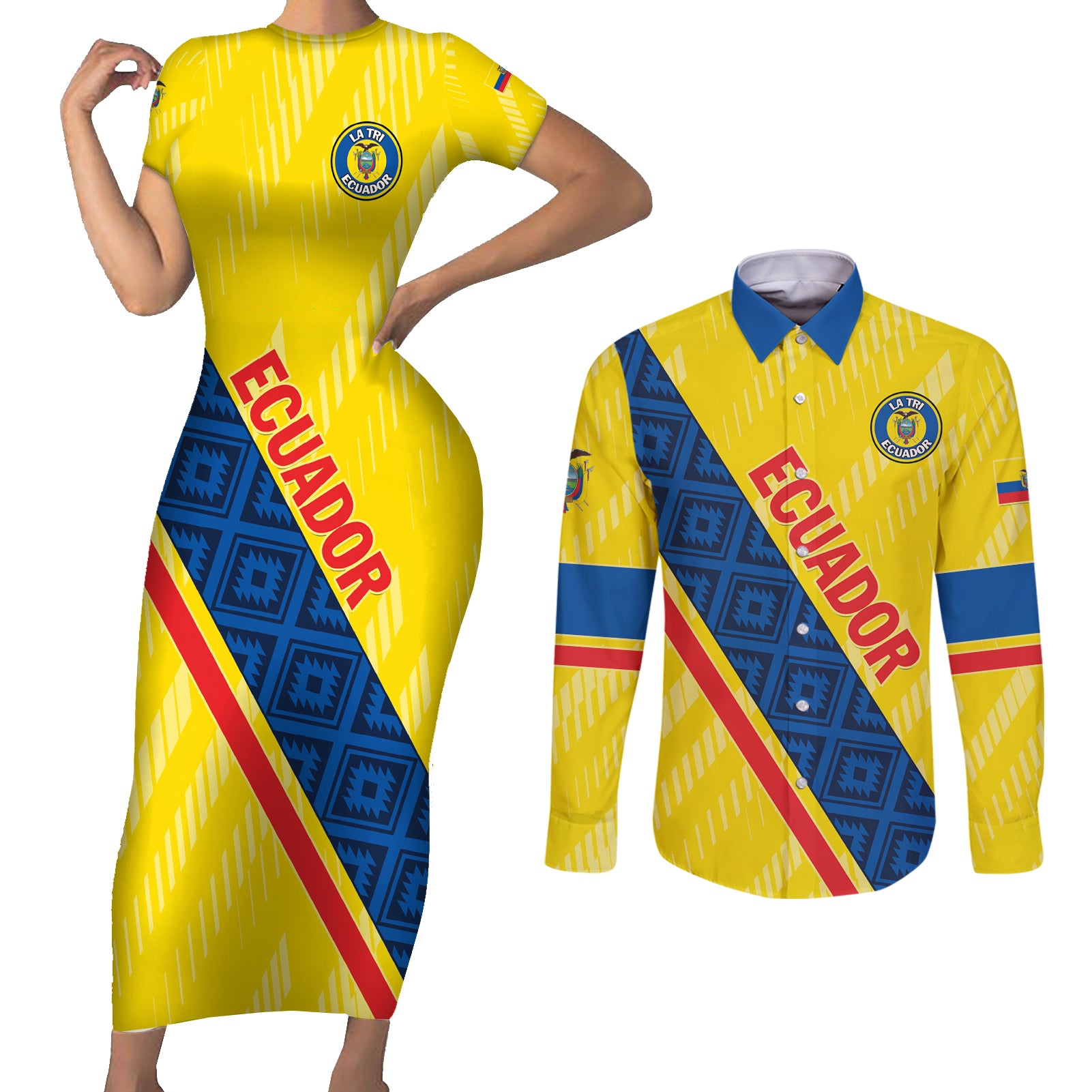 Personalized Ecuador 2024 Football Couples Matching Short Sleeve Bodycon Dress and Long Sleeve Button Shirt Come On La Tri - Wonder Print Shop