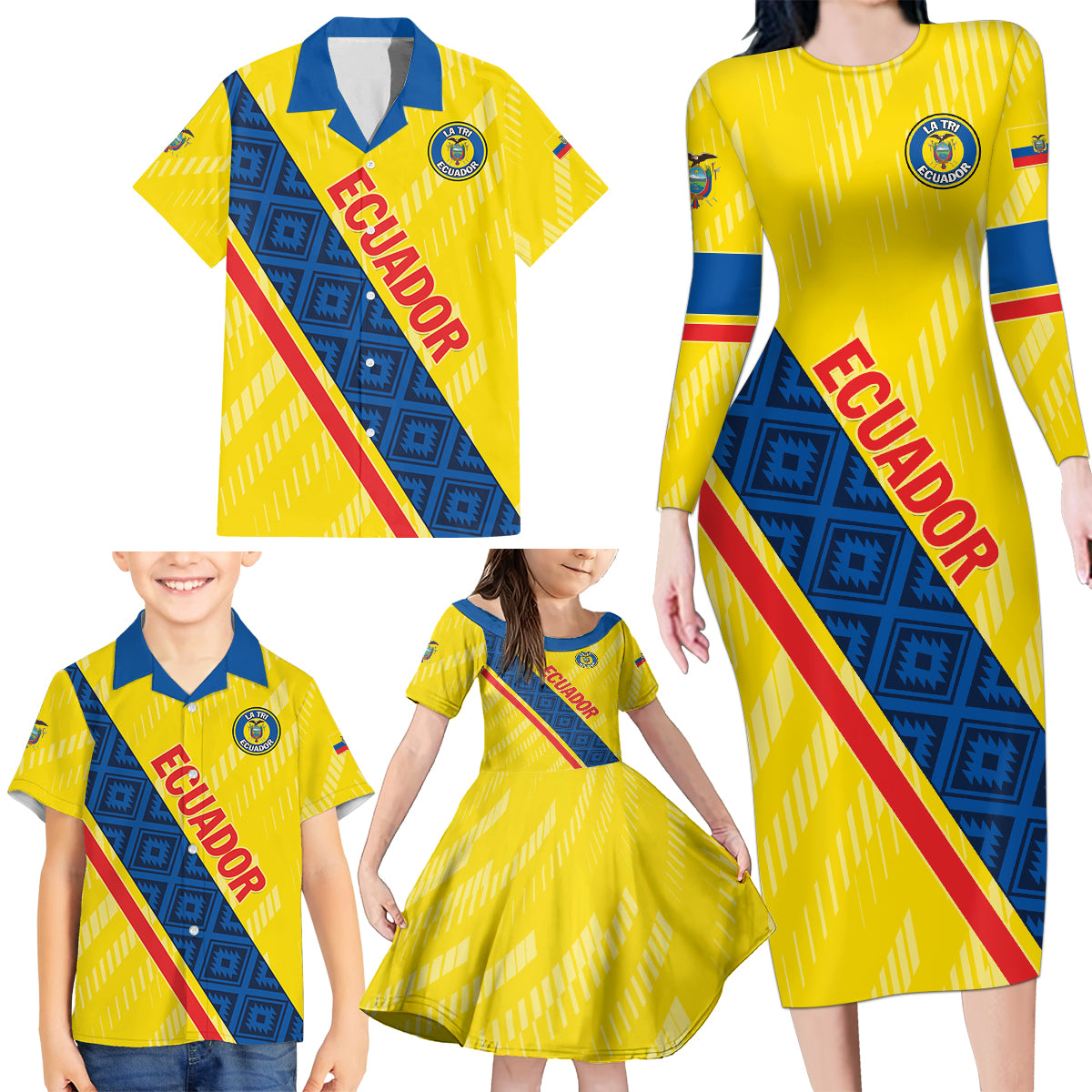 Personalized Ecuador 2024 Football Family Matching Long Sleeve Bodycon Dress and Hawaiian Shirt Come On La Tri - Wonder Print Shop