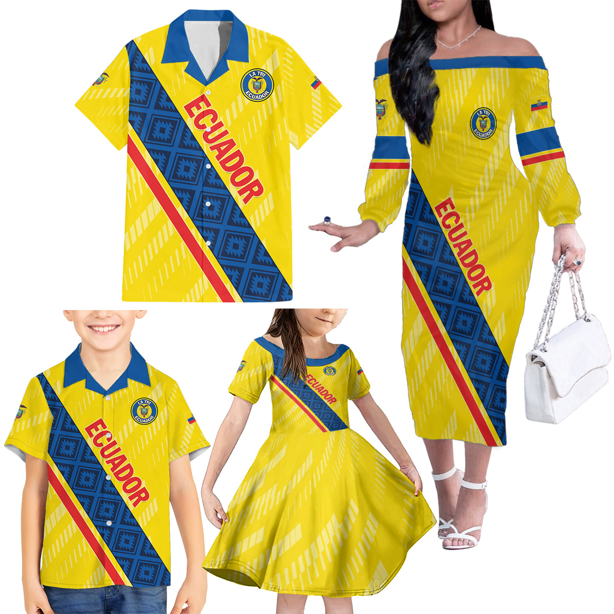 Personalized Ecuador 2024 Football Family Matching Off The Shoulder Long Sleeve Dress and Hawaiian Shirt Come On La Tri - Wonder Print Shop