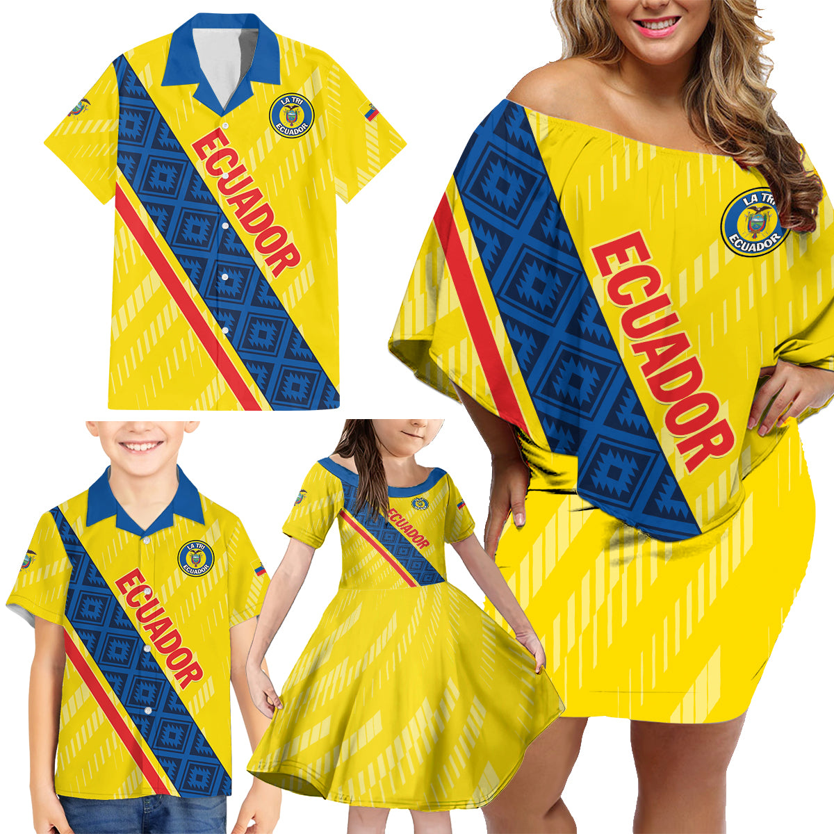 Personalized Ecuador 2024 Football Family Matching Off Shoulder Short Dress and Hawaiian Shirt Come On La Tri - Wonder Print Shop