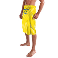 Yellow football wrap skirt with diagonal pattern and “YOUR TEXT 01” on front