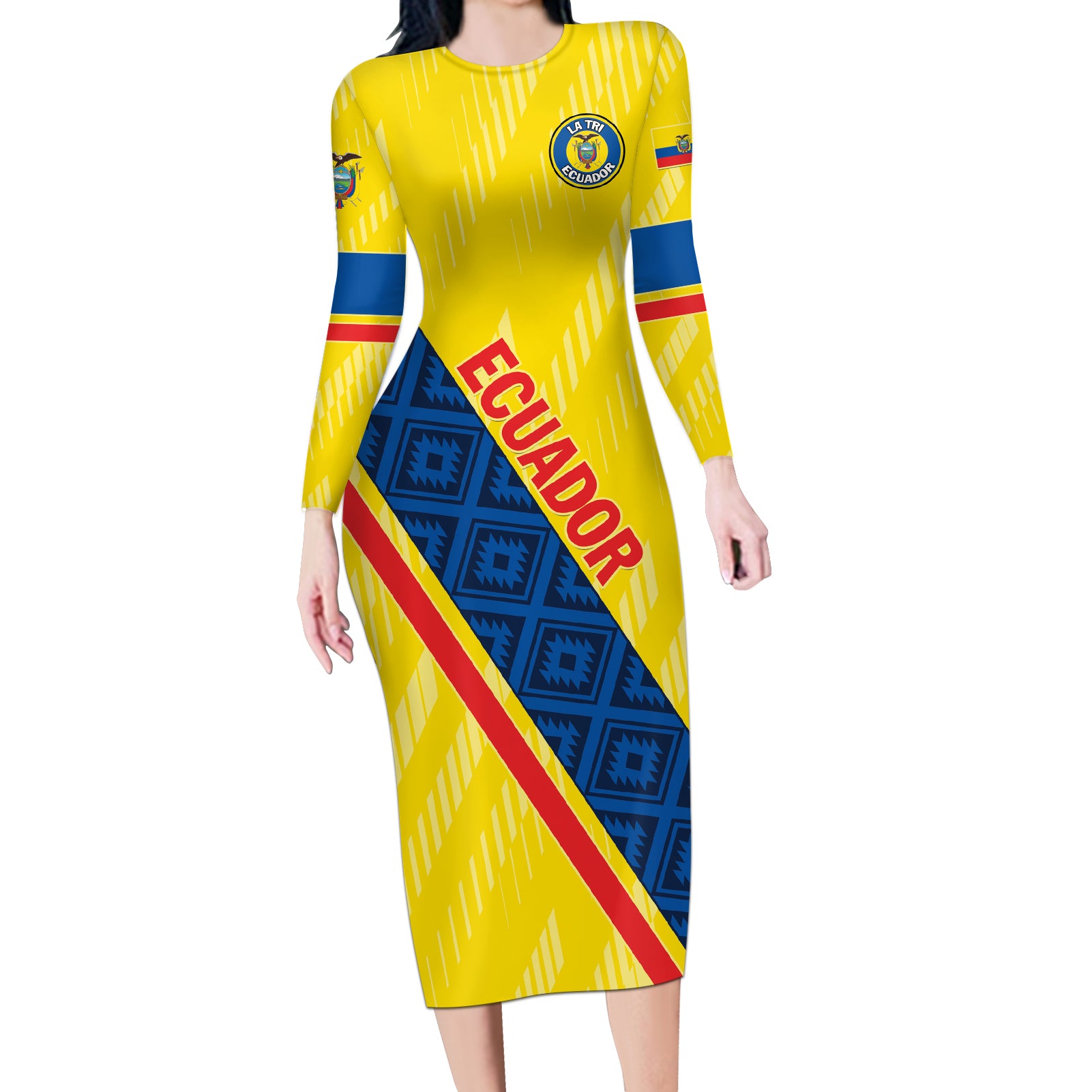 Personalized Ecuador 2024 Football Long Sleeve Bodycon Dress Come On La Tri - Wonder Print Shop