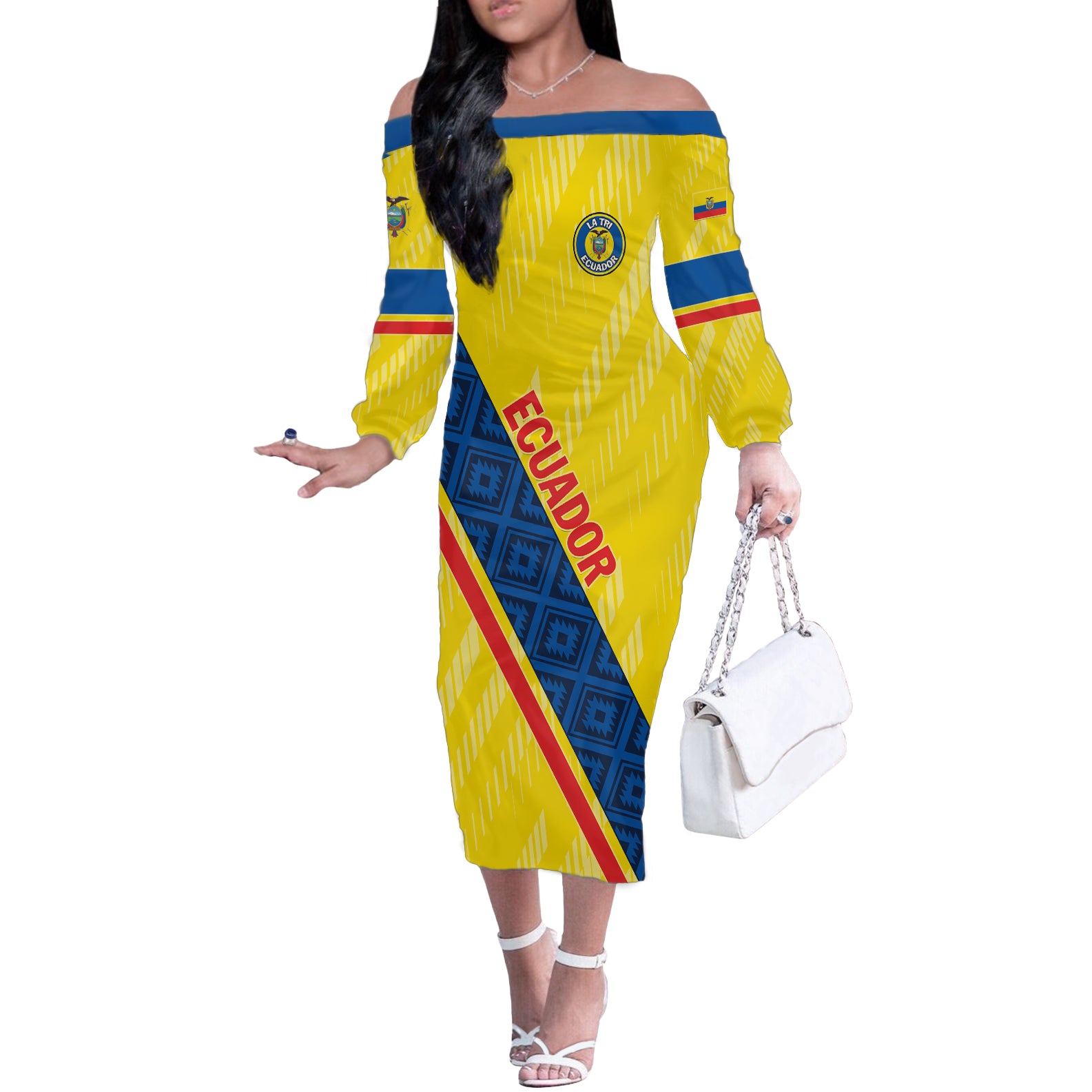 Personalized Ecuador 2024 Football Off The Shoulder Long Sleeve Dress Come On La Tri - Wonder Print Shop