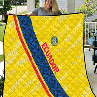 Yellow Ecuador football quilt with blue diagonal stripe and red border, quilted texture