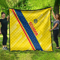Yellow Ecuador football quilt hanging, blue diagonal stripe with red trim, quilted surface