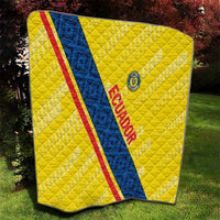 Yellow Ecuador football quilt, blue diagonal band with red stripe, stitched quilted pattern