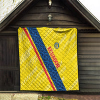 Yellow Ecuador football quilt framed outdoors, blue diagonal stripe and red border, quilted weave