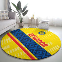 Yellow round football carpet with blue geometric center, red stripe, and Ecuador crest