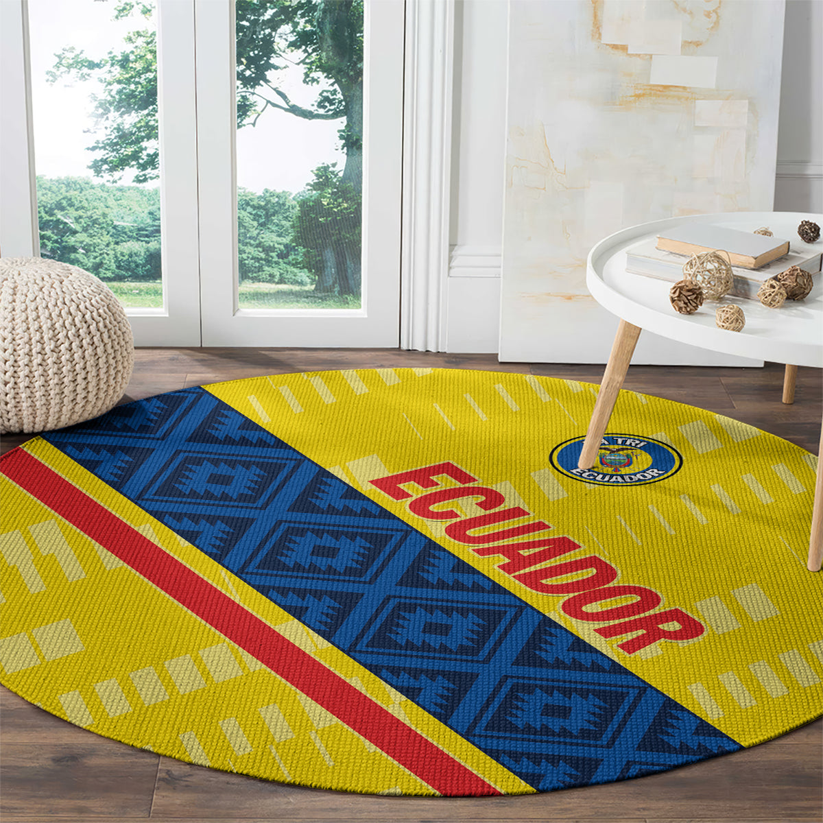 Yellow round football carpet with Ecuador wordmark over blue pattern and red stripe
