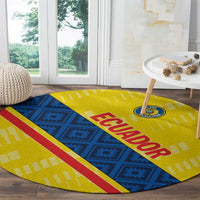 Yellow round football carpet with Ecuador wordmark over blue pattern and red stripe