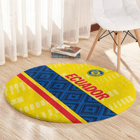 Yellow round football carpet with blue center, red stripe, and Ecuador wordmark