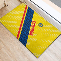 Yellow rubber doormat with Ecuador text, blue pattern stripe, and red trim