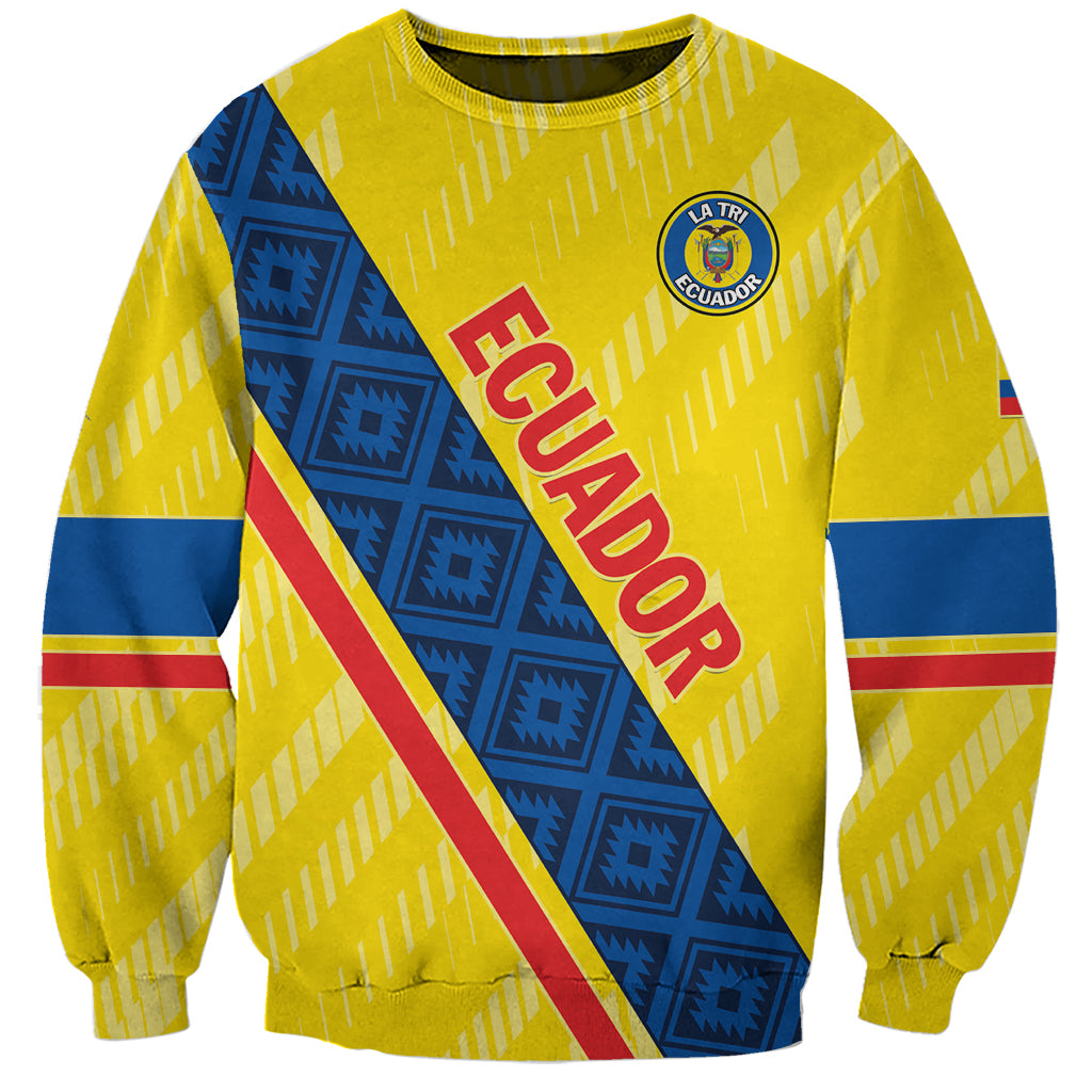 Yellow football sweatshirt with blue diagonal sash, red trim, and La Tri Ecuador crest