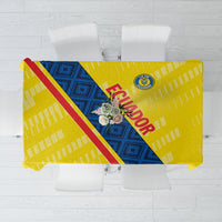 'ECUADOR' text and crest on yellow football tablecloth with blue panel