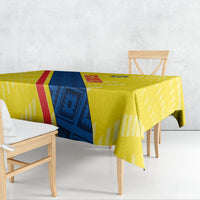Yellow football tablecloth with Ecuador flag-style diagonal stripe and blue emblem