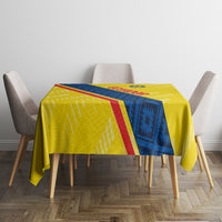 Yellow football tablecloth with Ecuador-style diagonal stripe and blue geometric panel