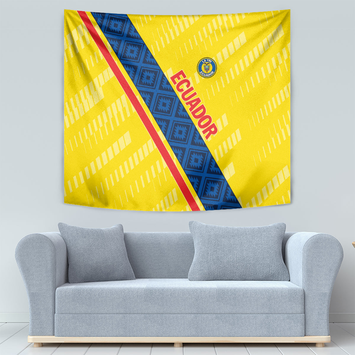 Yellow football tapestry featuring a blue diagonal stripe, red trim, ECUADOR crest