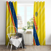 Yellow Ecuador 2024 football window curtain with blue diagonal stripe and round Ecuador crest