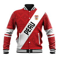 Red/white bicolor varsity baseball jacket with geometric pattern, stand collar
