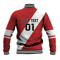 Red/white bicolor baseball jacket back with geometric pattern and 'YOUR TEXT 01', striped cuffs