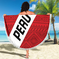 Round beach blanket with red patterned fabric, white fringe edge, large black PERU text