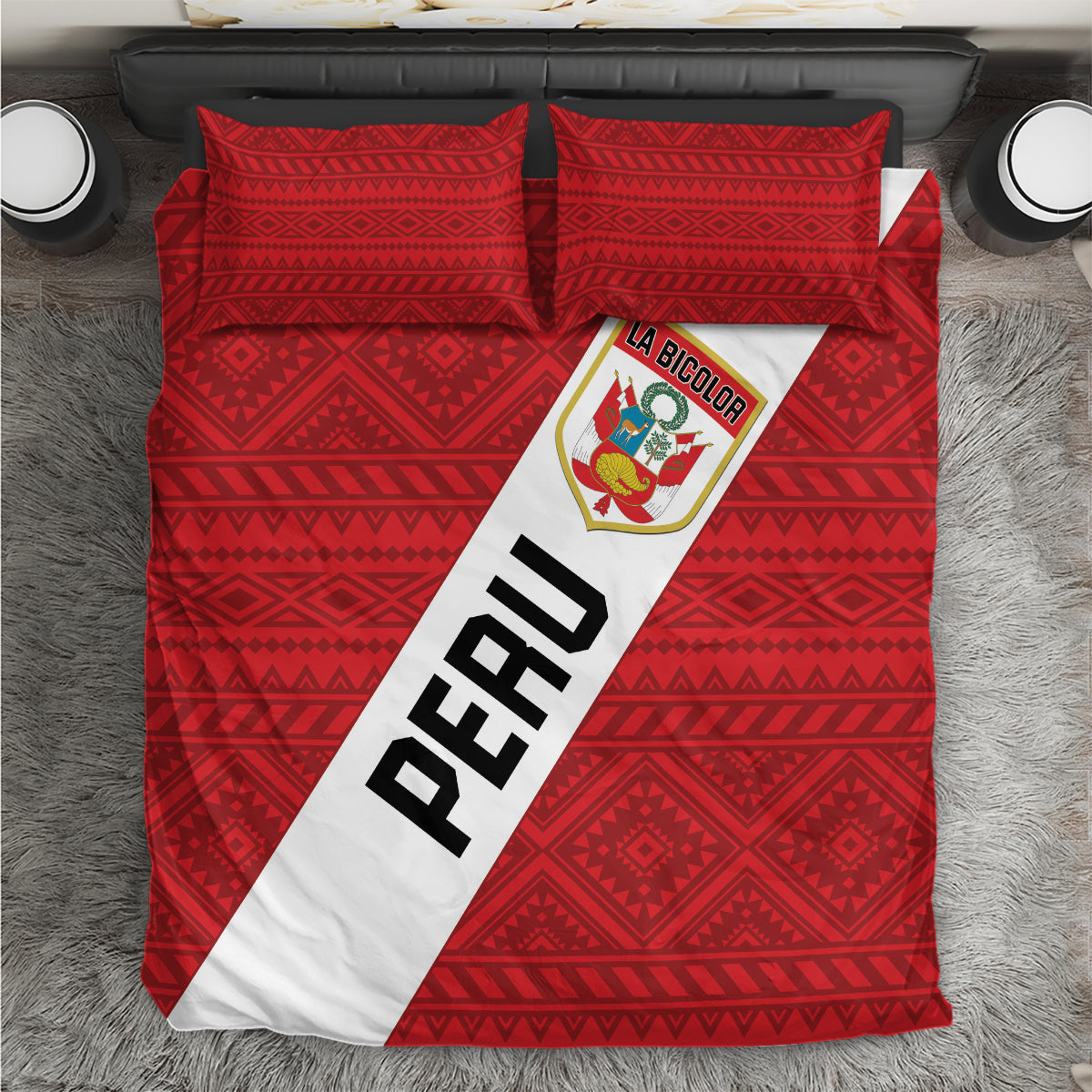 Red Peru football bedding set with geometric pattern, La Bicolor crest and diagonal PERU stripe.