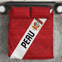 Red Peru football bedding set with geometric pattern, La Bicolor crest and diagonal PERU stripe.
