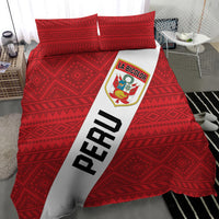 Red Peru football bedding set with La Bicolor crest, diagonal PERU stripe, and patterned pillowcases.
