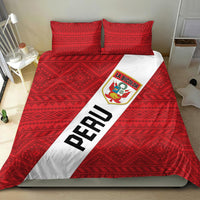 Red Peru football bedding set with La Bicolor crest, diagonal PERU stripe, and geometric pillowcases.