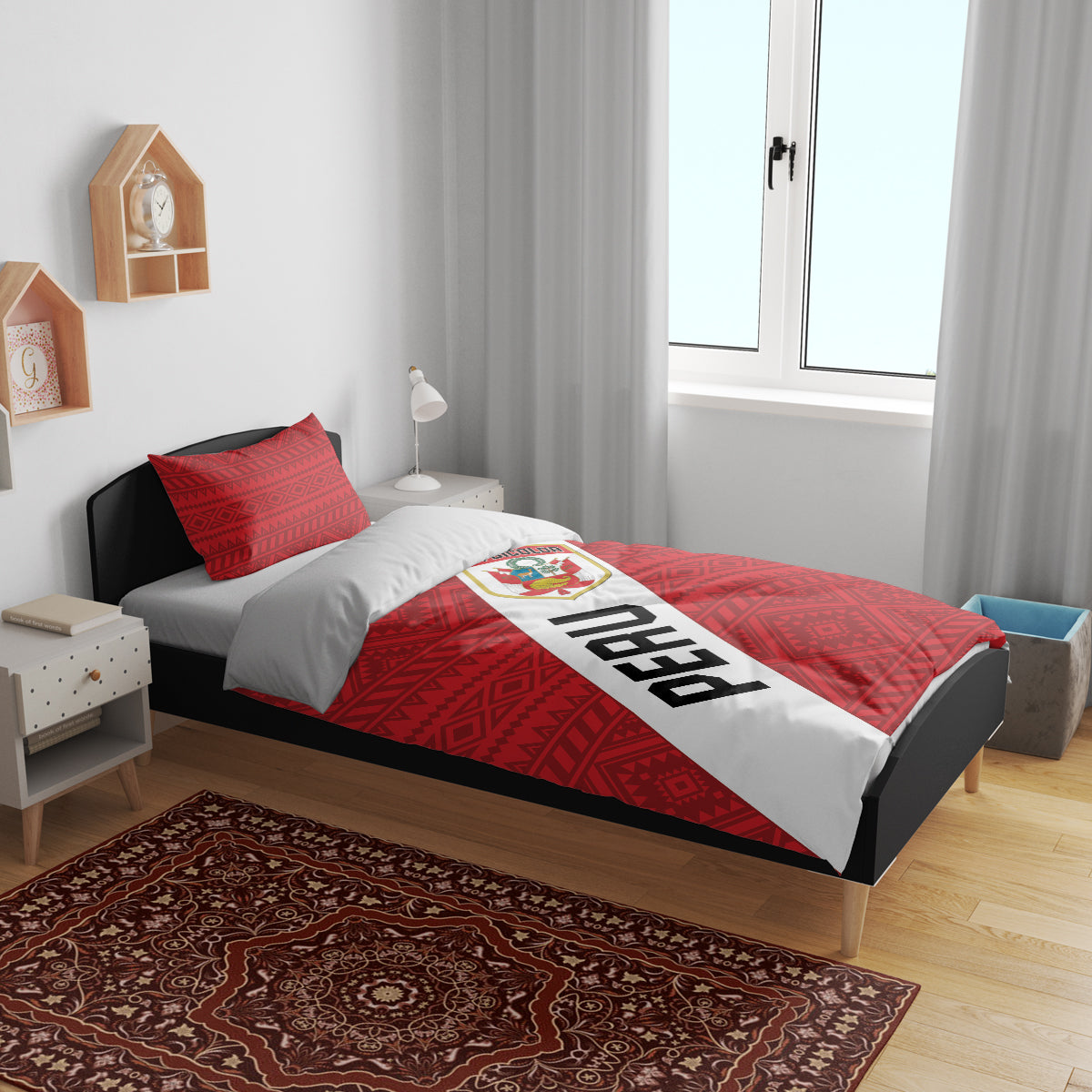 Red Peru football bedding set with diagonal PERU stripe, La Bicolor crest, and patterned duvet.