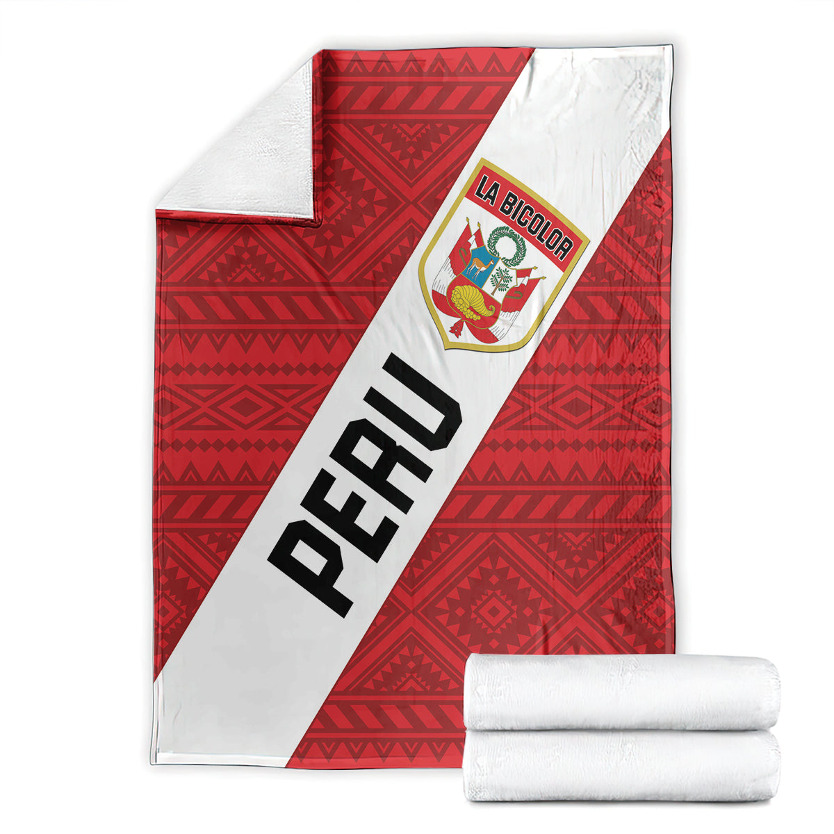 Red football blanket folded, white diagonal stripe with PERU text and La Bicolor crest