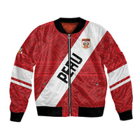 Red/white bicolor football bomber jacket, tribal pattern, full-zip front, crest patch