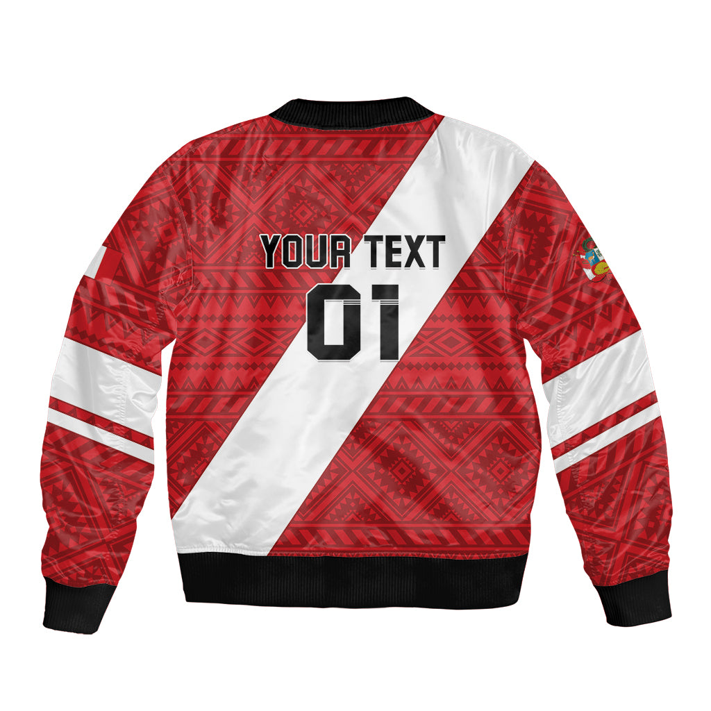 Red/white bicolor football bomber jacket back, custom text, number 01, ribbed hem