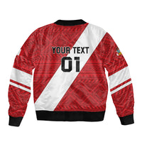 Red/white bicolor football bomber jacket back, custom text, number 01, ribbed hem