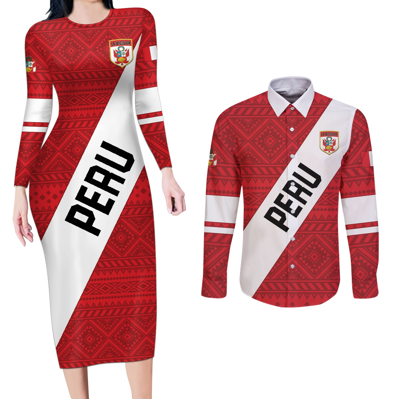 Personalized Peru 2024 Football Couples Matching Long Sleeve Bodycon Dress and Long Sleeve Button Shirt Come On La Bicolor - Wonder Print Shop