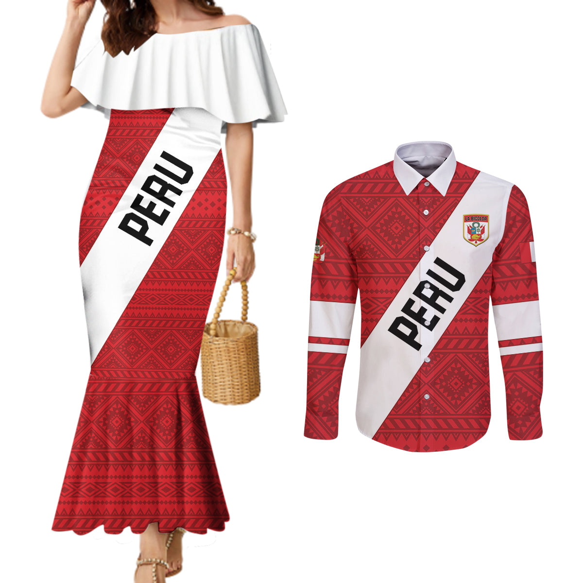 Personalized Peru 2024 Football Couples Matching Mermaid Dress and Long Sleeve Button Shirt Come On La Bicolor