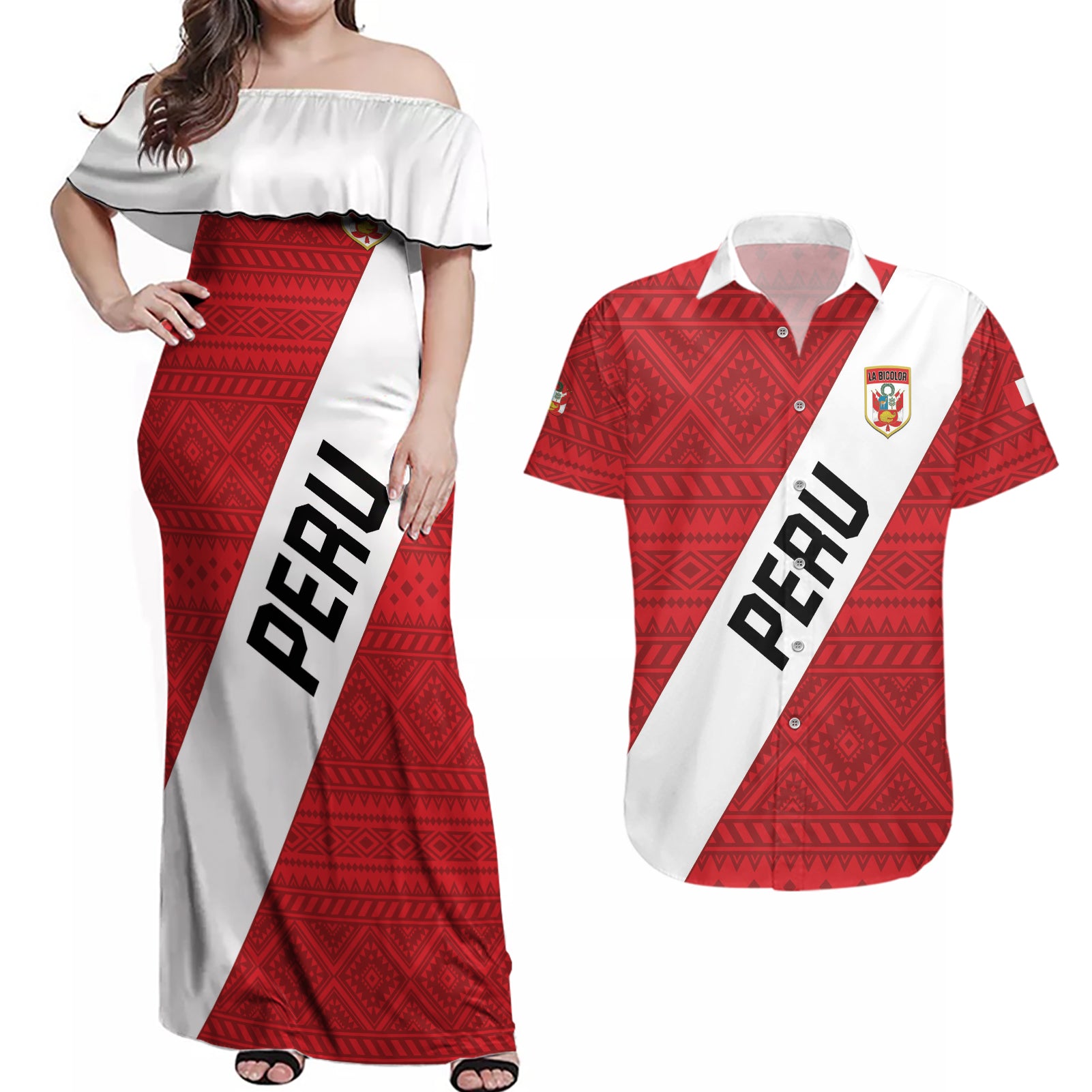 Personalized Peru 2024 Football Couples Matching Off Shoulder Maxi Dress and Hawaiian Shirt Come On La Bicolor - Wonder Print Shop