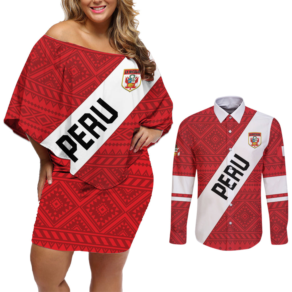 Personalized Peru 2024 Football Couples Matching Off Shoulder Short Dress and Long Sleeve Button Shirt Come On La Bicolor - Wonder Print Shop