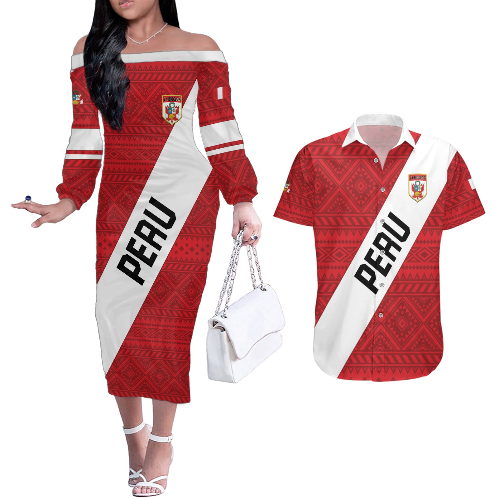 Personalized Peru 2024 Football Couples Matching Off The Shoulder Long Sleeve Dress and Hawaiian Shirt Come On La Bicolor - Wonder Print Shop