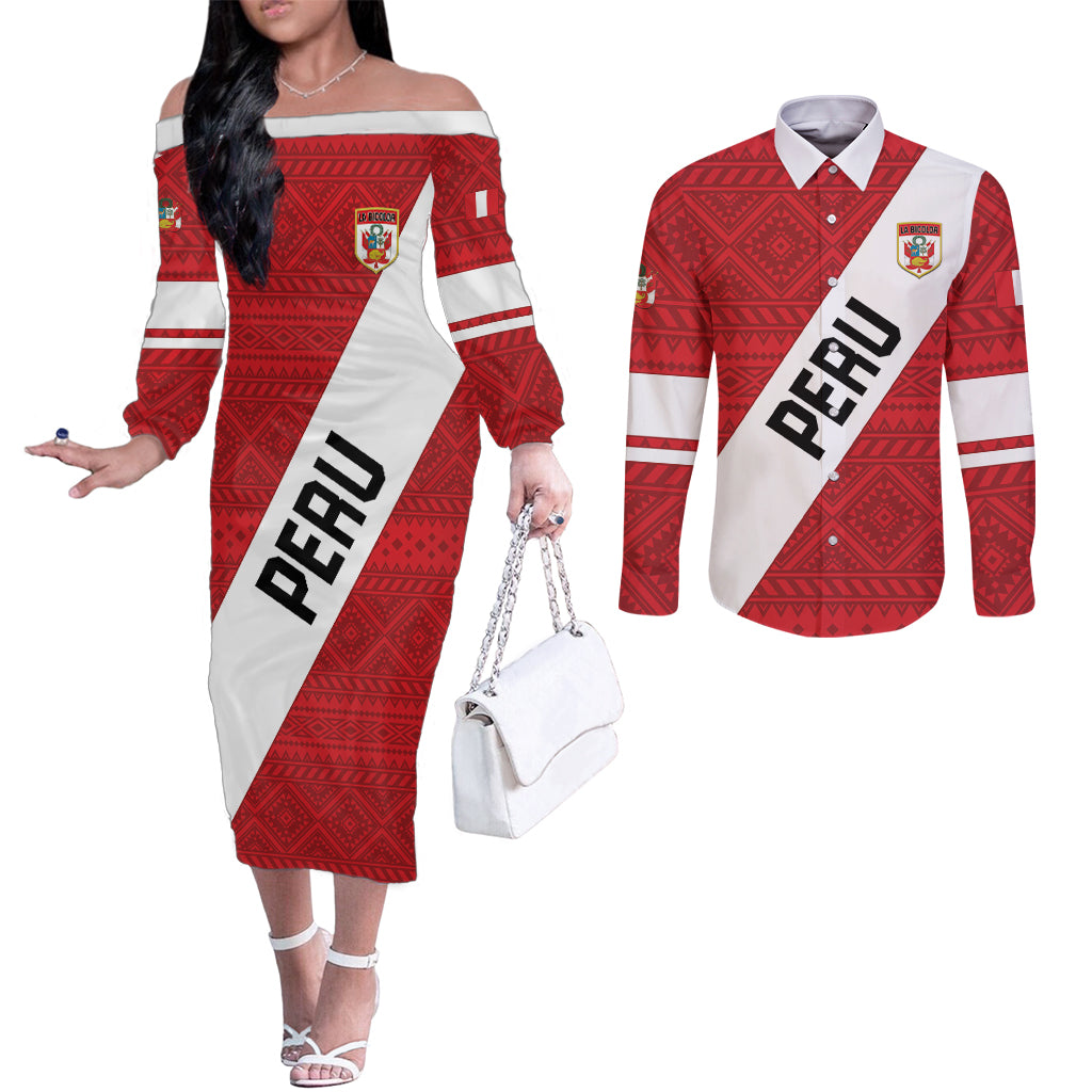 Personalized Peru 2024 Football Couples Matching Off The Shoulder Long Sleeve Dress and Long Sleeve Button Shirt Come On La Bicolor