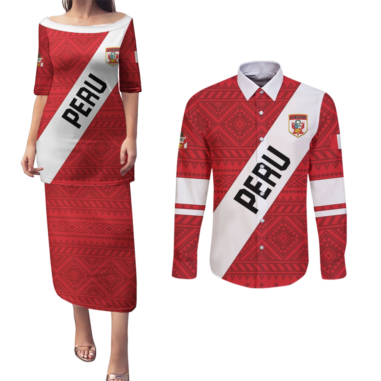 Personalized Peru 2024 Football Couples Matching Puletasi and Long Sleeve Button Shirt Come On La Bicolor - Wonder Print Shop