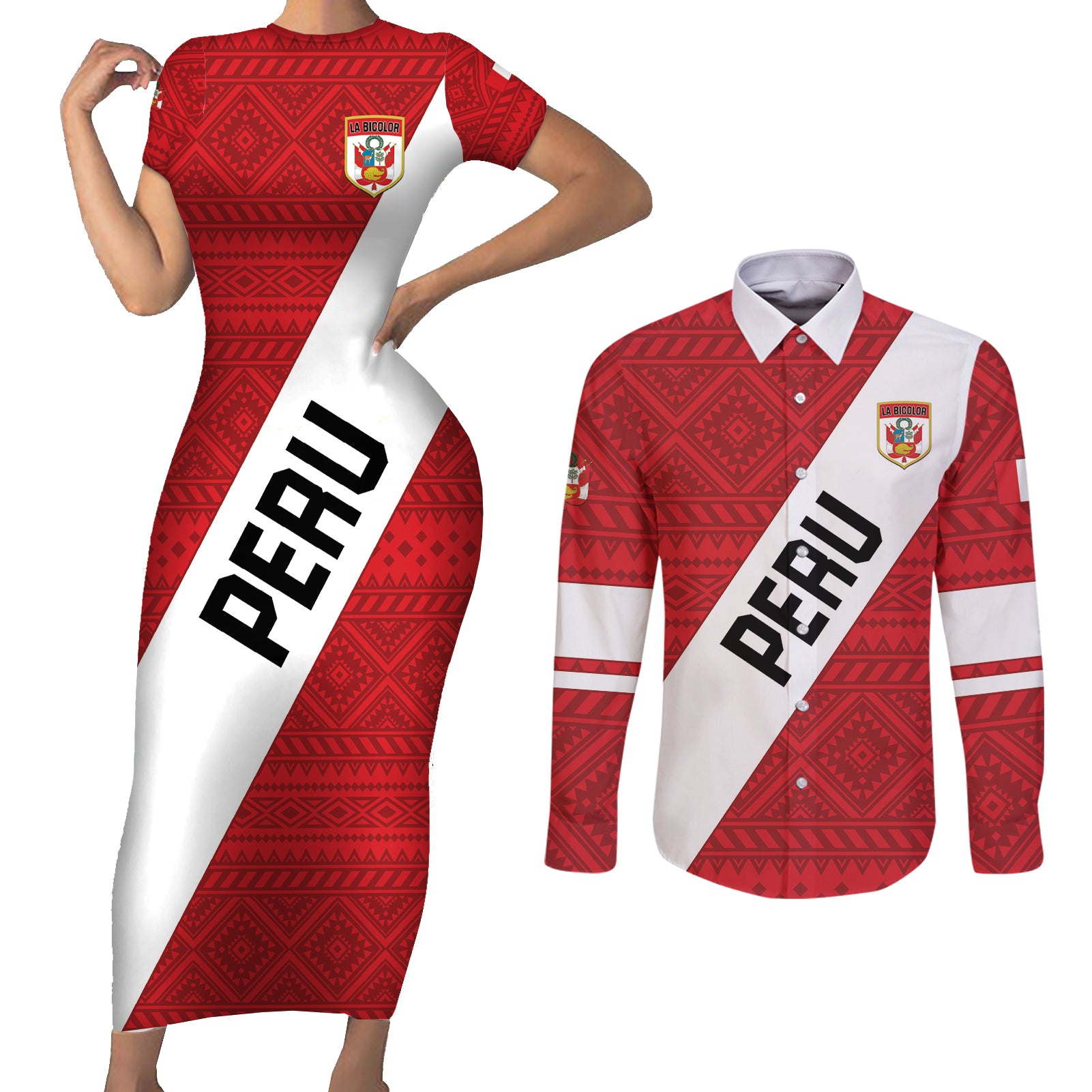 Personalized Peru 2024 Football Couples Matching Short Sleeve Bodycon Dress and Long Sleeve Button Shirt Come On La Bicolor - Wonder Print Shop