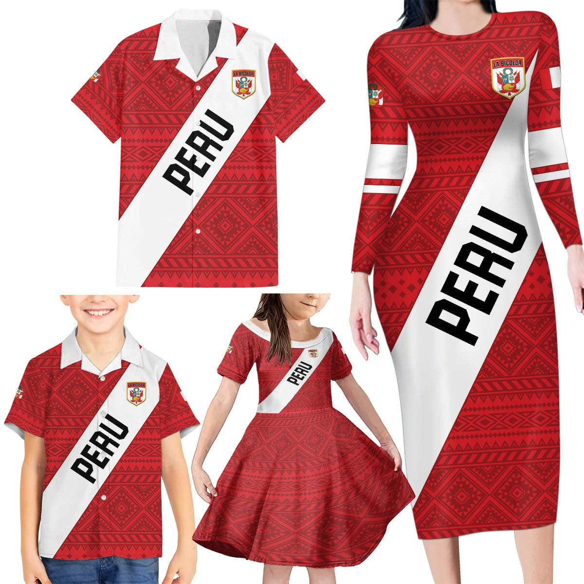 Personalized Peru 2024 Football Family Matching Long Sleeve Bodycon Dress and Hawaiian Shirt Come On La Bicolor - Wonder Print Shop