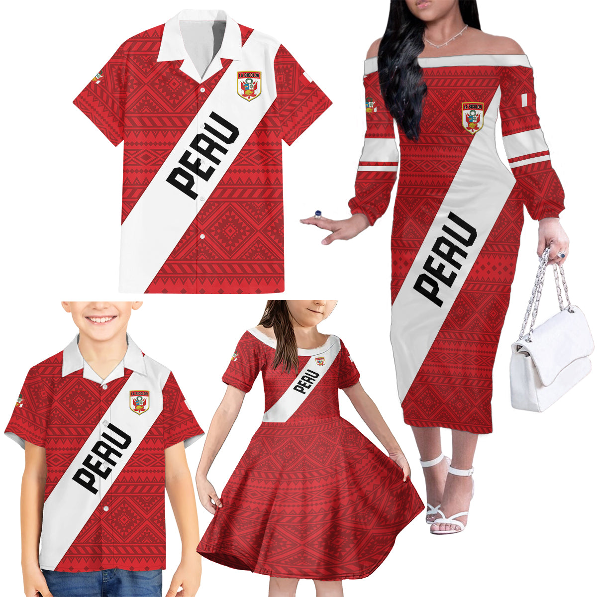 Personalized Peru 2024 Football Family Matching Off The Shoulder Long Sleeve Dress and Hawaiian Shirt Come On La Bicolor - Wonder Print Shop