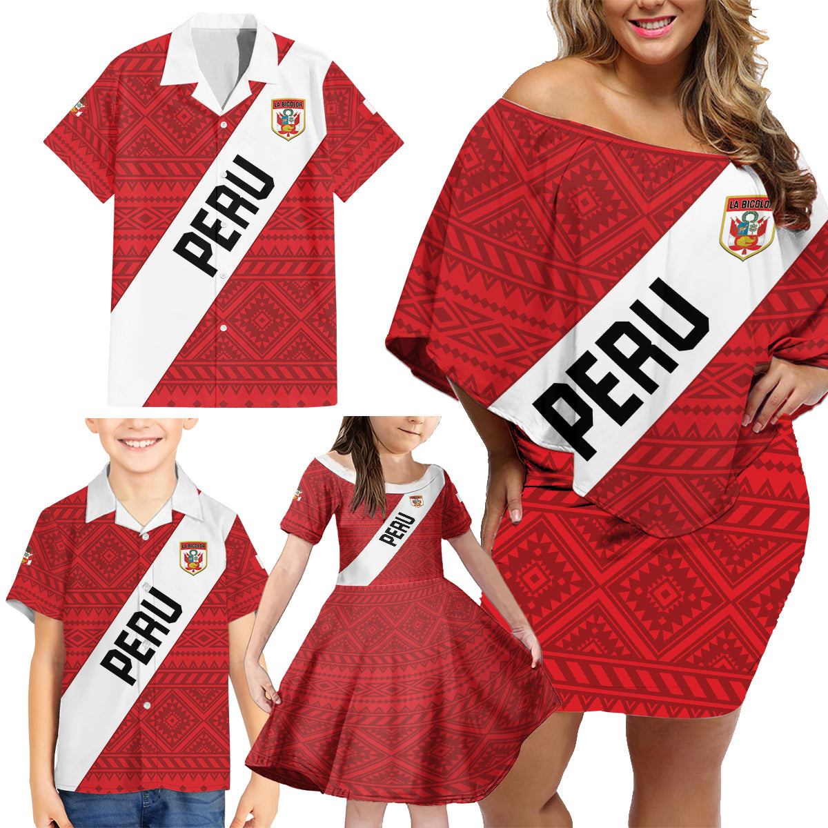 Personalized Peru 2024 Football Family Matching Off Shoulder Short Dress and Hawaiian Shirt Come On La Bicolor - Wonder Print Shop