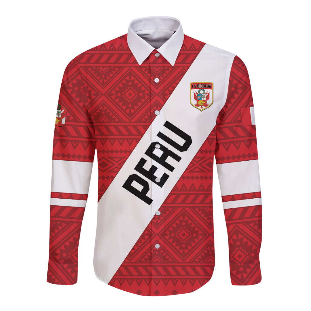 Personalized red and white football button shirt, long sleeves; front crest and diagonal PERU