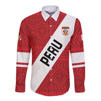 Personalized red and white football button shirt, long sleeves; front crest and diagonal PERU